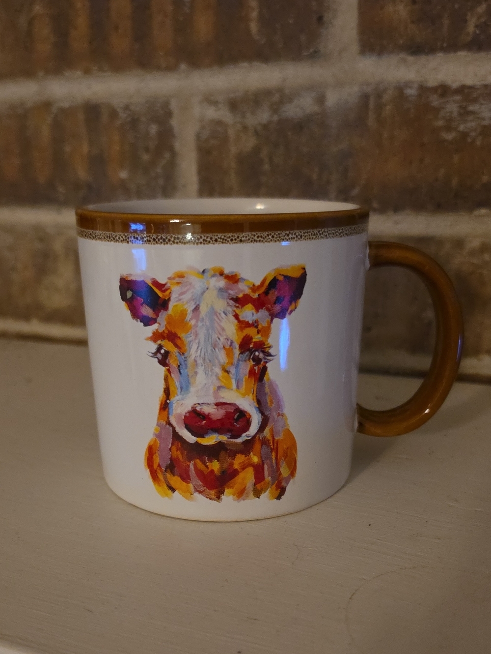 Multicolor Cow Art Ceramic Coffee Mug with Brown Rim and Handle New